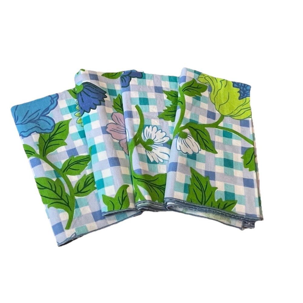 4 Vintage 1960's floral Plaid napkins Cotton Blue Green Purple 17 X 19” Pop Art